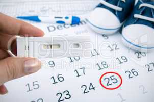 Positive pregnancy test on calendar with date of birth