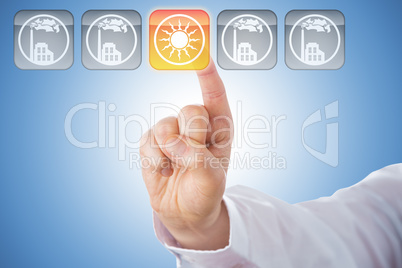 Finger Activating Yellow Solar Energy Icon On Blue