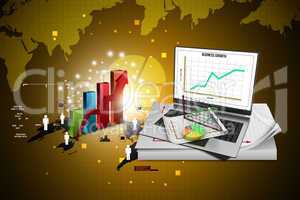 Laptop showing a spreadsheet and a paper with statistic charts