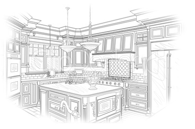 Black Custom Kitchen Design Drawing on White