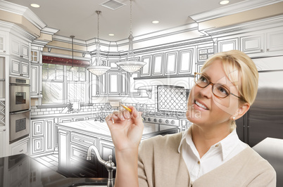 Woman With Pencil Over Custom Kitchen Design Drawing and Photo C