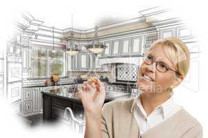 Woman With Pencil Over Custom Kitchen Design Drawing and Photo C