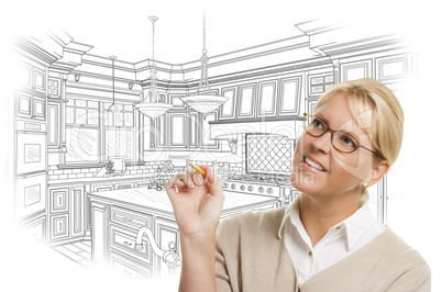 Woman With Pencil Over Custom Kitchen Design Drawing