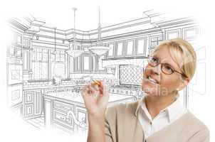 Woman With Pencil Over Custom Kitchen Design Drawing