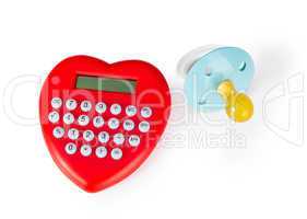 Calculator heart shaped and pacifier.