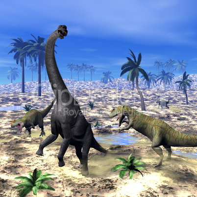 Allosaurus attacking brachiosaurus dinosaur - 3D render