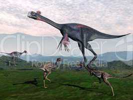 Gigantoraptor and small mononykus dinosaurs - 3D render