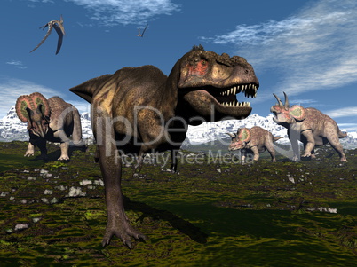 Tyrannosaurus rex attacked by triceratops dinosaurs - 3D render