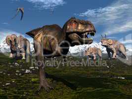 Tyrannosaurus rex attacked by triceratops dinosaurs - 3D render