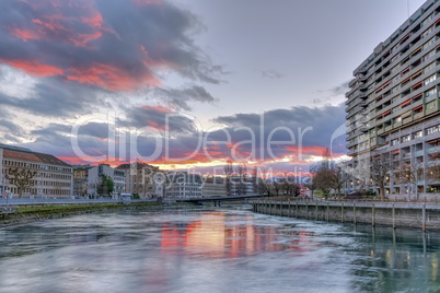 Rhone river, Sous-Terre bridge and buildings, Geneva, Switzerland, HDR