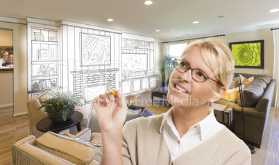 Woman with Pencil Over Custom Room and Design Drawing