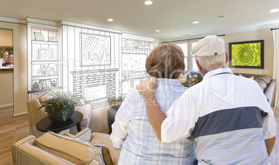 Senior Couple Over Custom Living Room Design Drawing and Photo