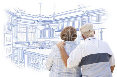 Senior Couple Looking Over Blue Custom Kitchen Design Drawing