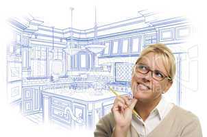 Woman With Pencil Over Custom Kitchen Design Drawing