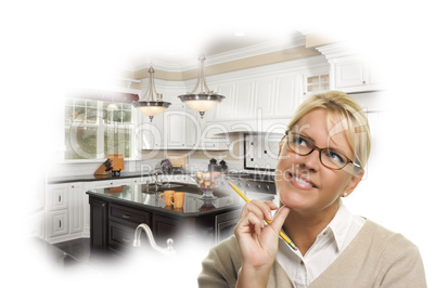 Daydreaming Woman With Pencil Over Custom Kitchen Photo Thought
