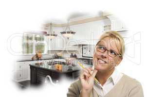 Daydreaming Woman With Pencil Over Custom Kitchen Photo Thought