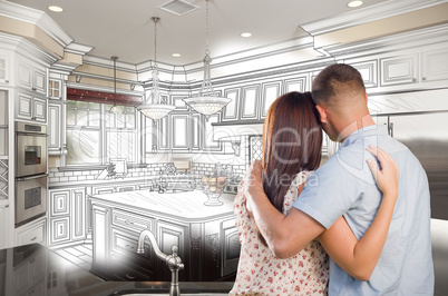 Young Military Couple Inside Custom Kitchen and Design Drawing C