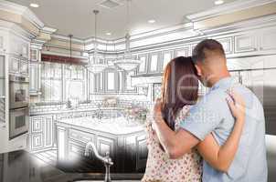 Young Military Couple Inside Custom Kitchen and Design Drawing C