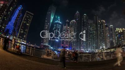 famous place River Walk And Dubai Marina with skyscraper