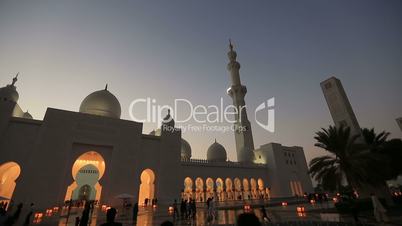 Sheikh Zayed Grand Mosque Abu Dhabi UAE, sunset pan shot