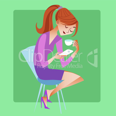 Young woman sitting with a Cup of coffee or tea and read the message on your phone