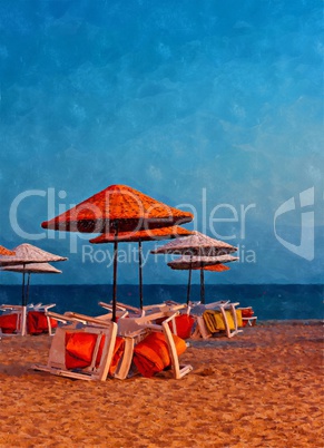 Digital painting of colorful beach umbrellas on a deserted beach