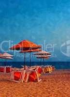 Digital painting of colorful beach umbrellas on a deserted beach