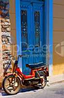 Digital painting of an old rusty moped in a rundown greek village