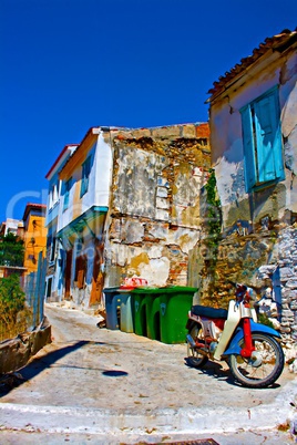 Digital painting of an old rusty moped in a rundown greek village