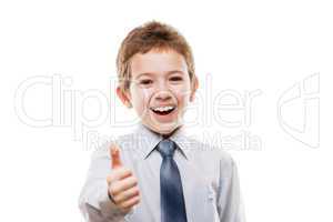 Smiling young businessman child boy gesturing thumb up success s