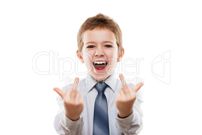 Smiling child boy gesturing middle finger obscene sign for negat