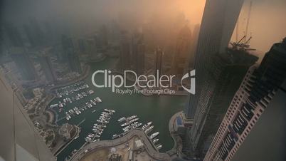 aerial view skyscraper foggy weather Dubai Marina