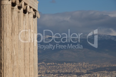 Athens and hills seen beyond Erechtheion colonnade