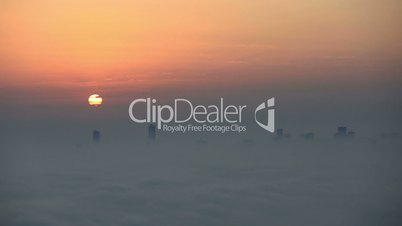 sunrise aerial view foggy weather Dubai Marina