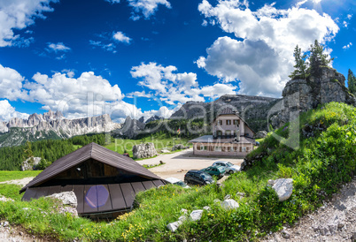 Huts in Dolomites meadow, Italy