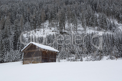 Ski hut in the snowy Austrian Alps