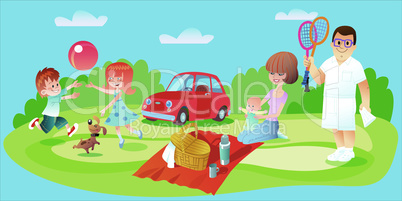 Family picnic, father, mother and children car