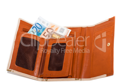 Wallet with monetary denominations on a white background