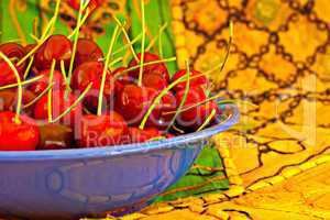 Digital painting of a bowl of ripe red cherries
