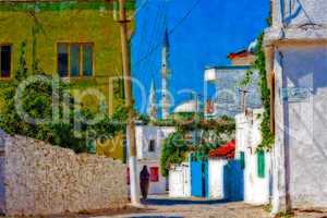 Digital painting of a Turkish village street scene