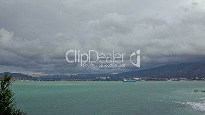 Scenic view over Cloudy Bay and mountains. Timelapse.