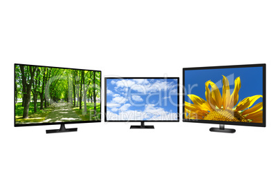 three modern TV set with different images