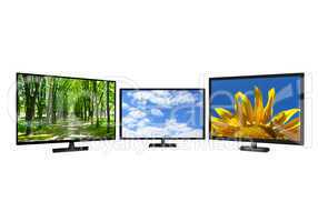 three modern TV set with different images