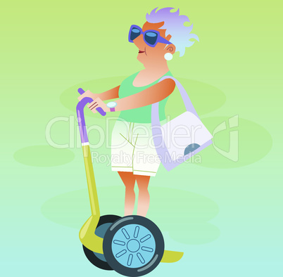 Female pensioner in the vacation goes on electric scooter