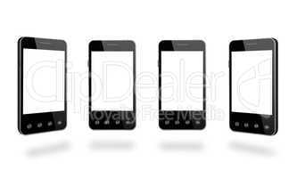 four black smart-phones isolated on the white background