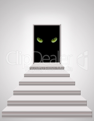 stairs leading to the door with cat's eyes in darkness