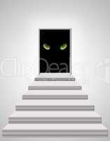 stairs leading to the door with cat's eyes in darkness