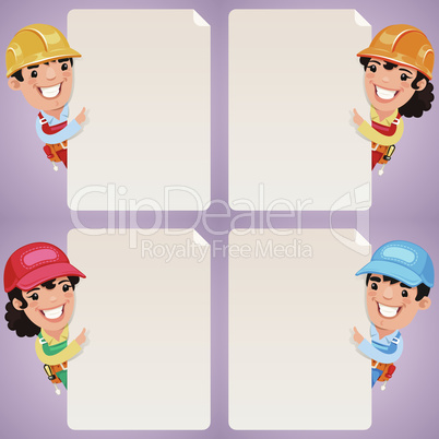 Builders Cartoon Characters Looking at Blank Poster Set