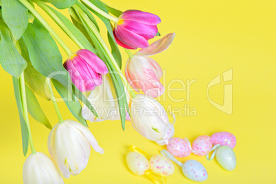 View from above to the easter tulips and eggs