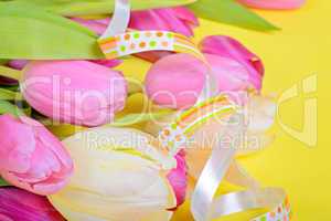 Easter ribbon with pink tulips